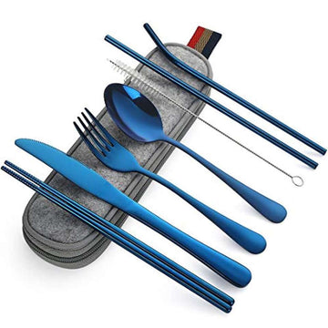 Travel Reusable Utensils Silverware with Case, Camping Cutlery set, Chopsticks and Straw for Camping, Portable Flatware Cutlery Set with Case, Stainless steel...